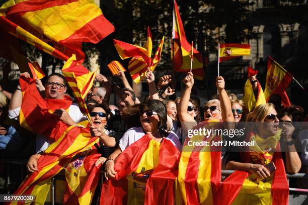 Thousands of pro-unity protesters gather in Barcelona, two days after the Catalan parliament voted to split from Spain, on October 29, 2017 in...