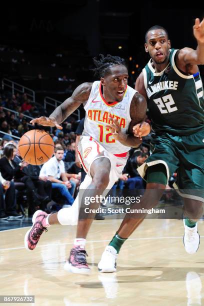 Taurean Prince of the Atlanta Hawks handles the ball against the Milwaukee Bucks on October 29, 2017 at Philips Arena in Atlanta, Georgia. NOTE TO...