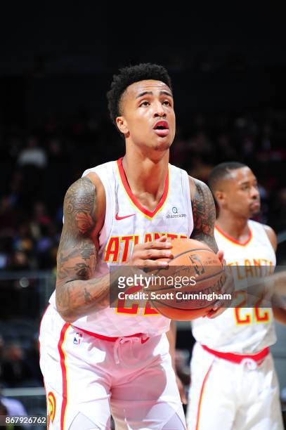 John Collins of the Atlanta Hawks shoots the ball against the Milwaukee Bucks on October 29, 2017 at Philips Arena in Atlanta, Georgia. NOTE TO USER:...
