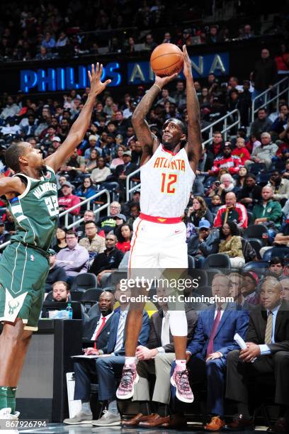 Taurean Prince of the Atlanta Hawks shoots the ball against the Milwaukee Bucks on October 29, 2017 at Philips Arena in Atlanta, Georgia. NOTE TO...