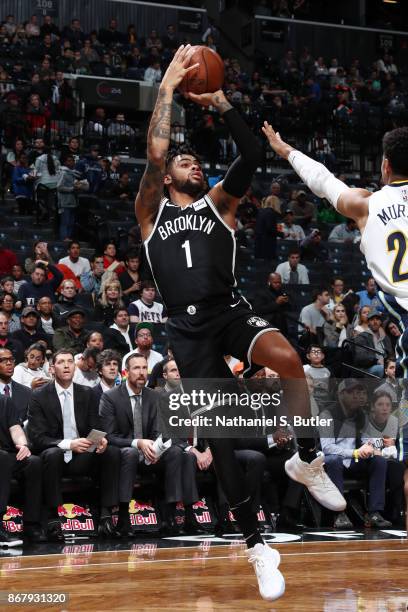Angelo Russell of the Brooklyn Nets shoots the ball against the Denver Nuggets on October 29, 2017 at Barclays Center in Brooklyn, New York. NOTE TO...