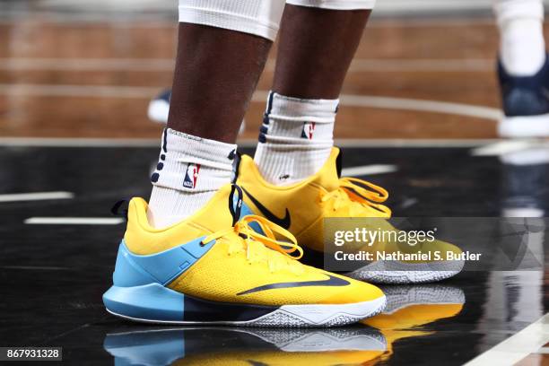 The sneakers of Paul Millsap of the Denver Nuggets are seen during the game against the Brooklyn Nets on October 29, 2017 at Barclays Center in...