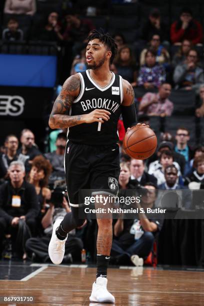 Angelo Russell of the Brooklyn Nets handles the ball against the Denver Nuggets on October 29, 2017 at Barclays Center in Brooklyn, New York. NOTE TO...