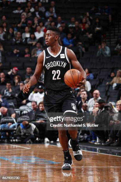 Caris LeVert of the Brooklyn Nets handles the ball against the Denver Nuggets on October 29, 2017 at Barclays Center in Brooklyn, New York. NOTE TO...
