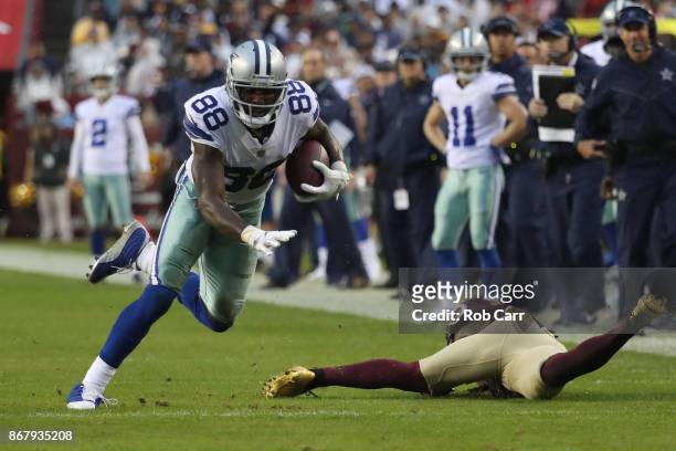 Wide receiver Dez Bryant of the Dallas Cowboys runs upfield against the Washington Redskins during the second quarter at FedEx Field on October 29,...