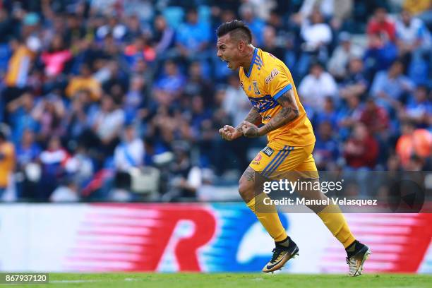 Eduardo Vargas of Tigres celebrates after scoring the second goal of his team during the 15th round match between Cruz Azul and Tigres UANL as part...