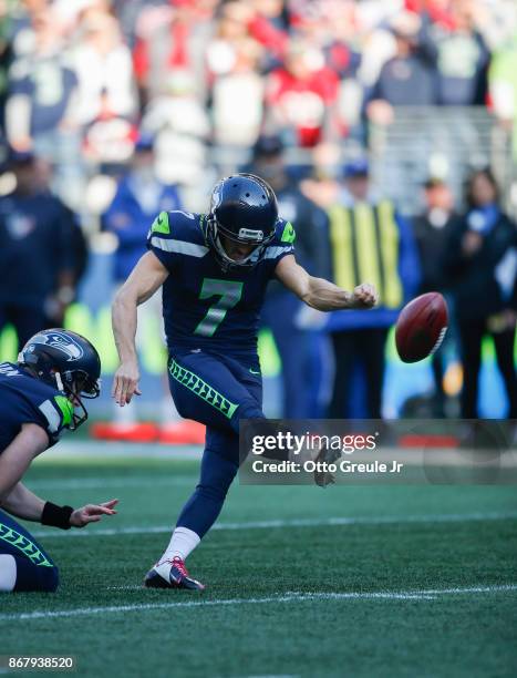 Kicker Blair Walsh of the Seattle Seahawks scores a field goal against the Houston Texans during the third quarter of the game at CenturyLink Field...