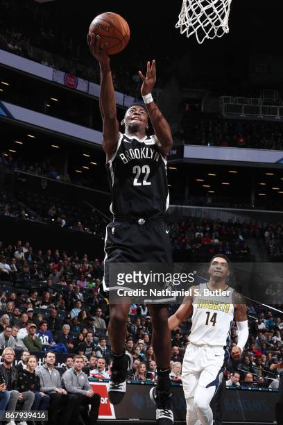 Caris LeVert of the Brooklyn Nets drives to the basket against the Denver Nuggets on October 29, 2017 at Barclays Center in Brooklyn, New York. NOTE...