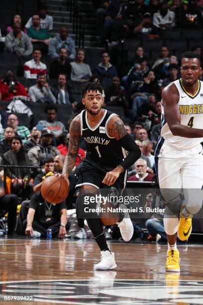 Angelo Russell of the Brooklyn Nets handles the ball against the Denver Nuggets on October 29, 2017 at Barclays Center in Brooklyn, New York. NOTE TO...
