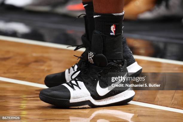 The sneakers of Caris LeVert of the Brooklyn Nets are seen during the game against the Denver Nuggets on October 29, 2017 at Barclays Center in...