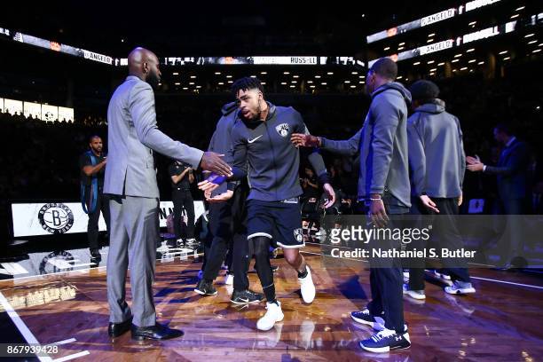Angelo Russell of the Brooklyn Nets gets introduced before the game against the Denver Nuggets on October 29, 2017 at Barclays Center in Brooklyn,...