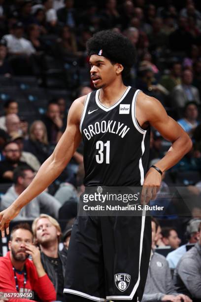 Jarrett Allen of the Brooklyn Nets looks on during the game against the Denver Nuggets on October 29, 2017 at Barclays Center in Brooklyn, New York....