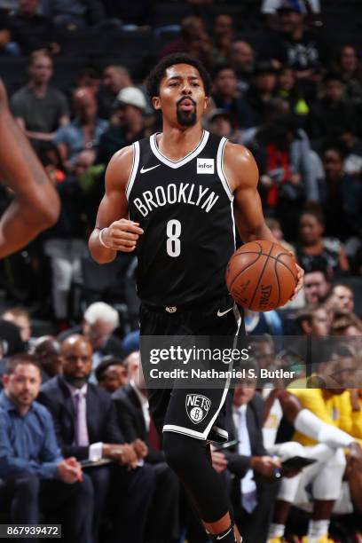 Spencer Dinwiddie of the Brooklyn Nets handles the ball against the Denver Nuggets on October 29, 2017 at Barclays Center in Brooklyn, New York. NOTE...