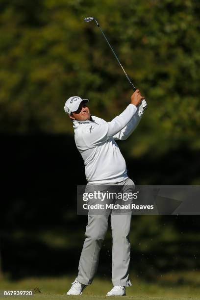 Brian Stuard plays his second shot on the 15th hole during the Final Round of the Sanderson Farms Championship at the Country Club of Jackson on...