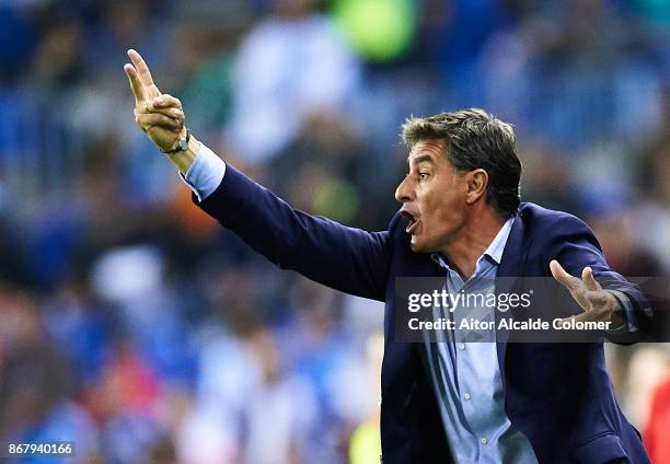 Head Coach of Malaga CF Michel Gonzalez reacts during the La Liga match between Malaga and Celta de Vigo at Estadio La Rosaleda on October 29, 2017...