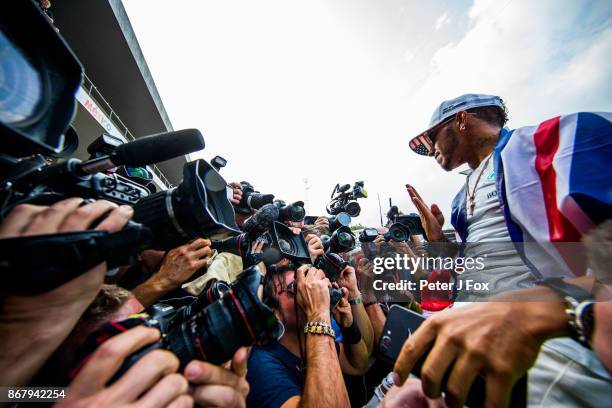 Lewis Hamilton of Mercedes and Great Britain celebrates becoming the 2017 Formula One Drivers World Champion during the Formula One Grand Prix of...