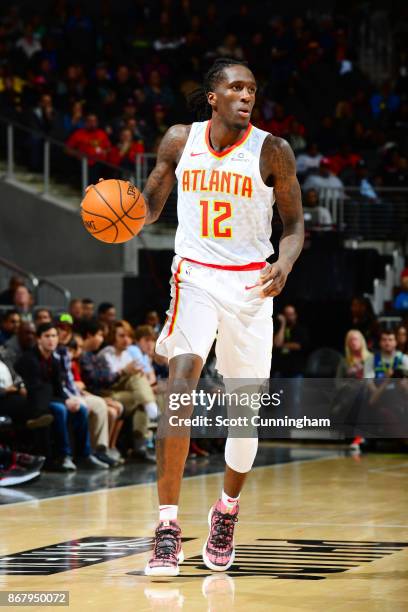 Taurean Prince of the Atlanta Hawks handles the ball against the Milwaukee Bucks on October 29, 2017 at Philips Arena in Atlanta, Georgia. NOTE TO...