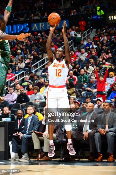 Taurean Prince of the Atlanta Hawks shoots the ball against the Milwaukee Bucks on October 29, 2017 at Philips Arena in Atlanta, Georgia. NOTE TO...