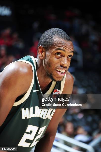 Khris Middleton of the Milwaukee Bucks looks on during the game against the Atlanta Hawks on October 29, 2017 at Philips Arena in Atlanta, Georgia....