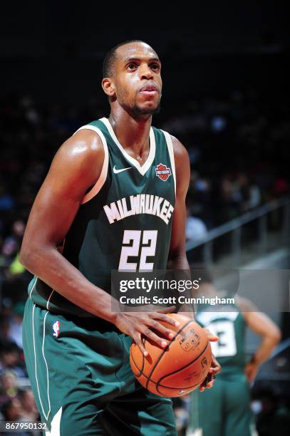 Khris Middleton of the Milwaukee Bucks shoots the ball against the Atlanta Hawks on October 29, 2017 at Philips Arena in Atlanta, Georgia. NOTE TO...