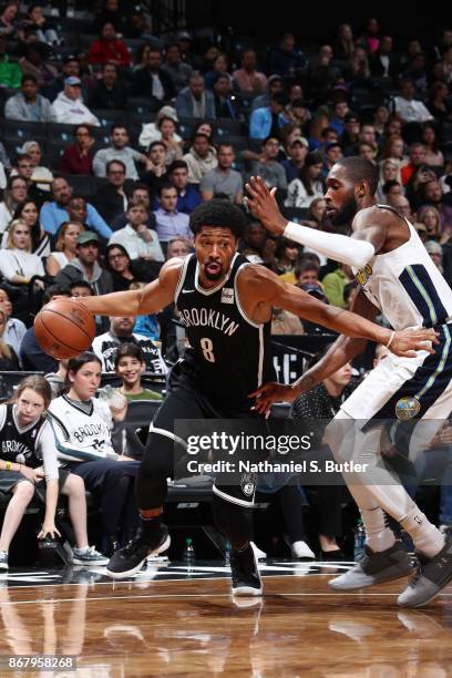 Spencer Dinwiddie of the Brooklyn Nets handles the ball against the Denver Nuggets on October 29, 2017 at Barclays Center in Brooklyn, New York. NOTE...