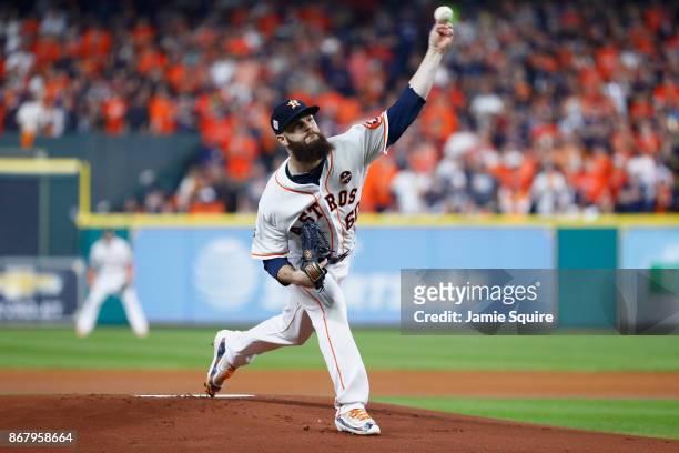 Dallas Keuchel of the Houston Astros throws a pitch during the first inning against the Los Angeles Dodgers in game five of the 2017 World Series at...