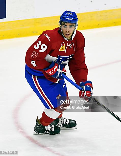 Jordan Boucher of the Laval Rocket turns up ice against the Toronto Marlies during AHL game action on October 28, 2017 at Ricoh Coliseum in Toronto,...