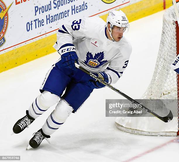 Frederik Gauthier of the Toronto Marlies turns up ice against the Laval Rocket during AHL game action on October 28, 2017 at Ricoh Coliseum in...