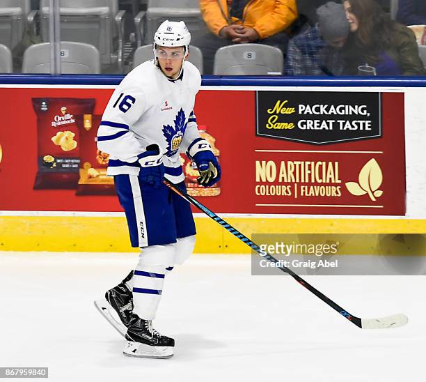 Kerby Rychel of the Toronto Marlies watches the play develop against the Laval Rocket during AHL game action on October 28, 2017 at Ricoh Coliseum in...