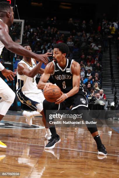 Spencer Dinwiddie of the Brooklyn Nets handles the ball against the Denver Nuggets on October 29, 2017 at Barclays Center in Brooklyn, New York. NOTE...