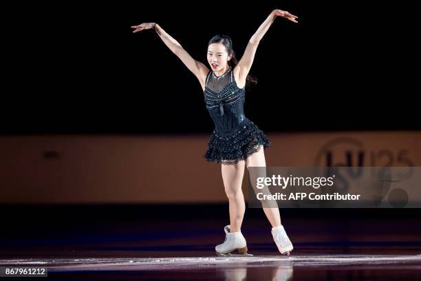 Marin Honda of Japan skates her exhibition program at the ISU Grand Prix of Figure Skating's Skate Canada International at Brandt Centre in Regina,...