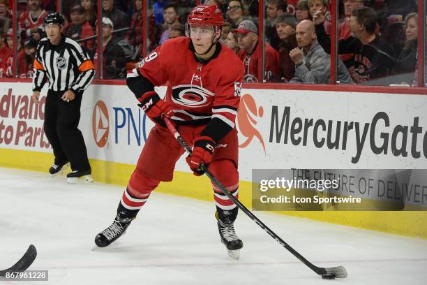 Carolina Hurricanes Winger Janne Kuokkanen skates with the puck during a game between the Anaheim Ducks and the Carolina Hurricanes at the PNC Arena...