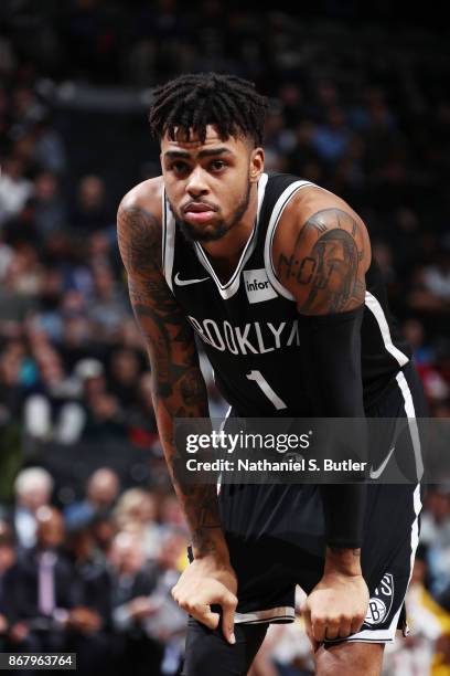 Angelo Russell of the Brooklyn Nets looks on during the game against the Denver Nuggets on October 29, 2017 at Barclays Center in Brooklyn, New York....