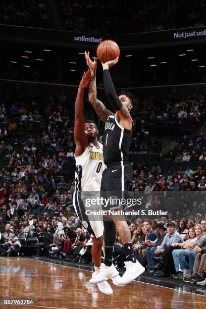 Angelo Russell of the Brooklyn Nets shoots the ball against the Denver Nuggets on October 29, 2017 at Barclays Center in Brooklyn, New York. NOTE TO...