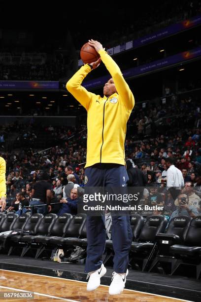 Richard Jefferson of the Denver Nuggets shoots the ball during warmups against the Brooklyn Nets on October 29, 2017 at Barclays Center in Brooklyn,...