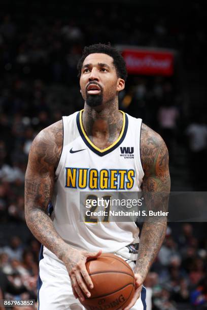 Wilson Chandler of the Denver Nuggets shoots the ball against the Brooklyn Nets on October 29, 2017 at Barclays Center in Brooklyn, New York. NOTE TO...