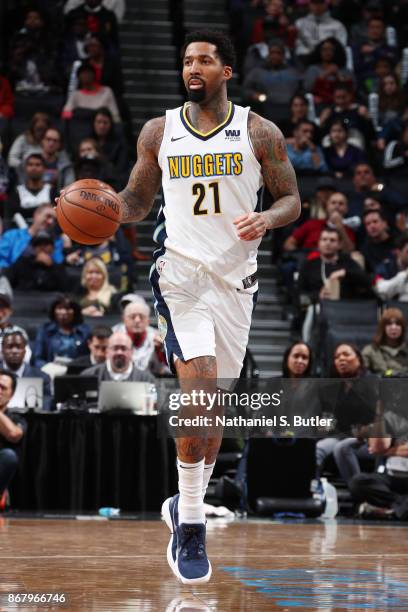 Wilson Chandler of the Denver Nuggets handles the ball against the Brooklyn Nets on October 29, 2017 at Barclays Center in Brooklyn, New York. NOTE...