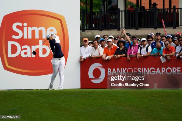 Eun-Hee Ji of South Korea tees off during day four of the Sime Darby LPGA Malaysia at TPC Kuala Lumpur East Course on October 29, 2017 in Kuala...