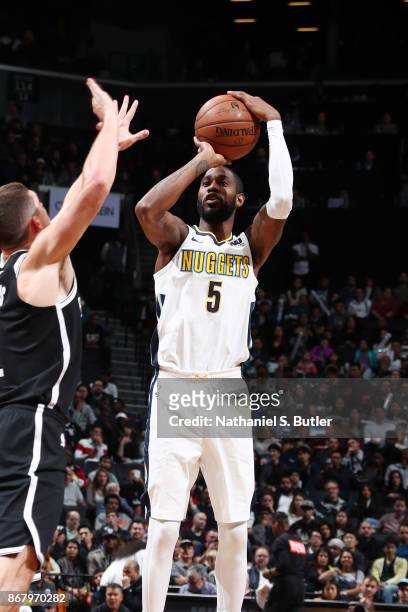 Will Barton of the Denver Nuggets shoots the ball against the Brooklyn Nets on October 29, 2017 at Barclays Center in Brooklyn, New York. NOTE TO...