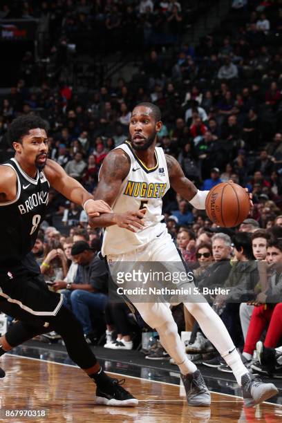 Will Barton of the Denver Nuggets handles the ball against the Brooklyn Nets on October 29, 2017 at Barclays Center in Brooklyn, New York. NOTE TO...