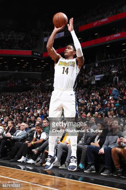 Gary Harris of the Denver Nuggets shoots the ball against the Brooklyn Nets on October 29, 2017 at Barclays Center in Brooklyn, New York. NOTE TO...
