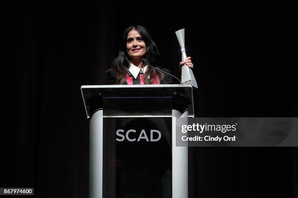 Actress Salma Hayek accepts Outstanding Achievement In Cinema Award onstage at Trustees Theater during 20th Anniversary SCAD Savannah Film Festival...