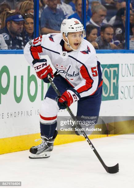 Aaron Ness of the Washington Capitals skates against Tampa Bay Lightning at Amalie Arena on October 9, 2017 in Tampa, Florida. "n