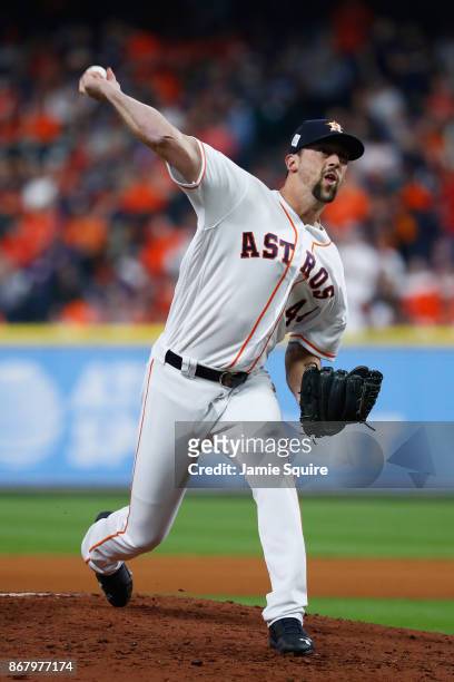 Luke Gregerson of the Houston Astros throws a pitch during the fourth inning against the Los Angeles Dodgers in game five of the 2017 World Series at...