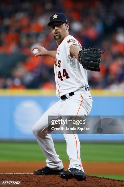 Luke Gregerson of the Houston Astros throws a pitch during the fourth inning against the Los Angeles Dodgers in game five of the 2017 World Series at...