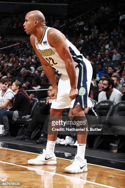 Richard Jefferson of the Denver Nuggets looks on during the game against the Brooklyn Nets on October 29, 2017 at Barclays Center in Brooklyn, New...