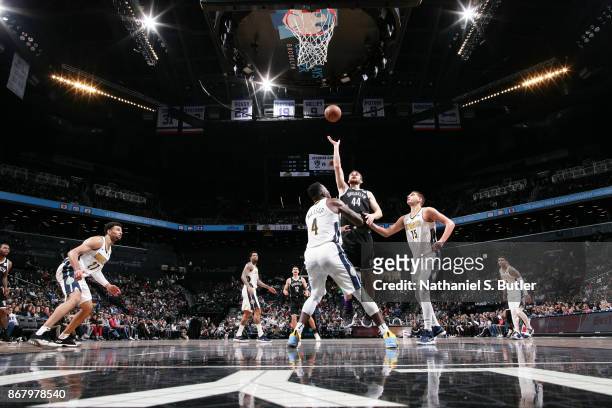 Tyler Zeller of the Brooklyn Nets shoots the ball against the Denver Nuggets on October 29, 2017 at Barclays Center in Brooklyn, New York. NOTE TO...