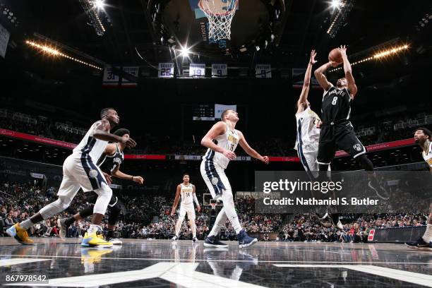 Spencer Dinwiddie of the Brooklyn Nets shoots the ball against the Denver Nuggets on October 29, 2017 at Barclays Center in Brooklyn, New York. NOTE...
