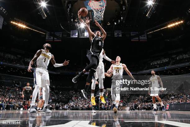 Spencer Dinwiddie of the Brooklyn Nets shoots the ball against the Denver Nuggets on October 29, 2017 at Barclays Center in Brooklyn, New York. NOTE...