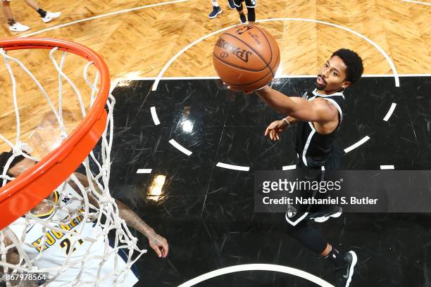 Spencer Dinwiddie of the Brooklyn Nets drives to the basket against the Denver Nuggets on October 29, 2017 at Barclays Center in Brooklyn, New York....